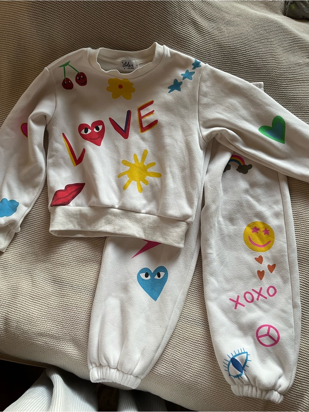 Lola + The Boys White Kids Sweatshirt & Joggers Set with Colorful Love Graphics